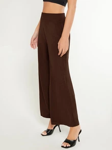 SHEIN BASICS 女款純色時尚百搭寬鬆寬腿褲 秋季居家休閒深棕色休閒百搭居家褲 - 棕色 - 查看 3