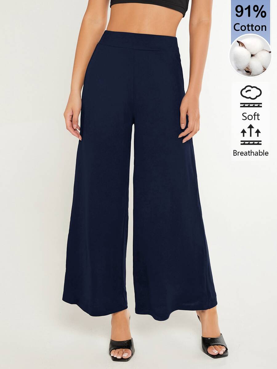 SHEIN BASICS 女款純色時尚百搭寬鬆寬腿褲 秋季套裝 海軍藍休閒居家褲 - 藏蓝色 - 查看 1