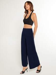 SHEIN BASICS 女款純色時尚百搭寬鬆寬腿褲 秋季套裝 海軍藍休閒居家褲 - 藏蓝色 - 查看 4