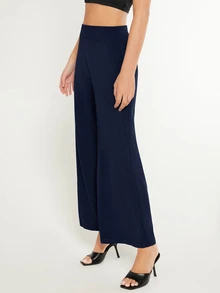 SHEIN BASICS 女款純色時尚百搭寬鬆寬腿褲 秋季套裝 海軍藍休閒居家褲 - 藏蓝色 - 查看 3