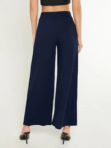 SHEIN BASICS 女款純色時尚百搭寬鬆寬腿褲 秋季套裝 海軍藍休閒居家褲 - 藏蓝色 - 查看 2