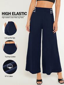 SHEIN BASICS 女款純色時尚百搭寬鬆寬腿褲 秋季套裝 海軍藍休閒居家褲 - 藏蓝色 - 查看 7