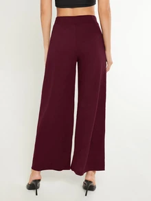 SHEIN BASICS 女款純色時尚百搭寬鬆寬腿褲 秋季日常居家休閒居家服 - 酒紅色 - 查看 2