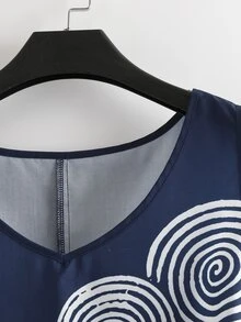 EMERY ROSE Plus Size Women's Early Spring Navy Blue & White Placement Print Casual Loose Linen Blend Dress - Blue - View 4