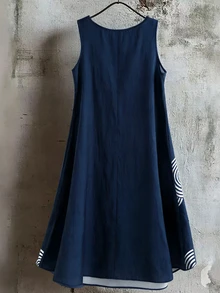 EMERY ROSE Plus Size Women's Early Spring Navy Blue & White Placement Print Casual Loose Linen Blend Dress - Blue - View 2