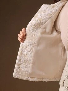 Anewsta 女款秋冬新款優雅杏色厚蕾絲3D珠飾花卉短夾克，適合婚禮、宴會、度假與日常穿著 - 杏色 - 查看 7