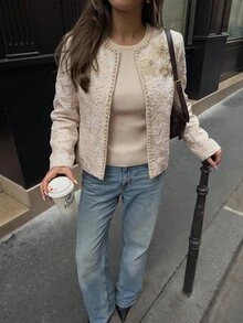 Anewsta 女款秋冬新款優雅杏色厚蕾絲3D珠飾花卉短夾克，適合婚禮、宴會、度假與日常穿著 - 杏色 - 查看 9