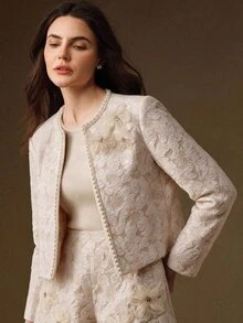 Anewsta 女款秋冬新款優雅杏色厚蕾絲3D珠飾花卉短夾克，適合婚禮、宴會、度假與日常穿著 - 杏色 - 查看 4