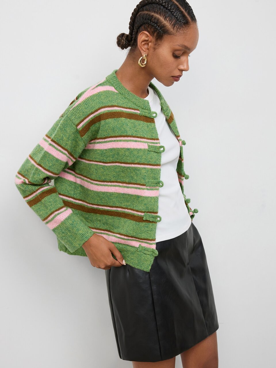 SHEIN Maija Damen-Cardigan mit bunten Streifen und chinesischen Froschknöpfen, Langarm, lockere Passform, Herbst/Winter