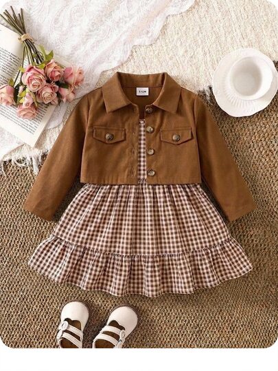 Conjunto de 2 piezas de vestido con tirantes a cuadros y chaqueta casual y lindo para bebé niña