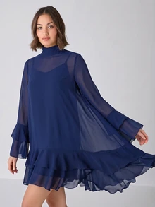 Enchnt Women's Solid Color Pleated Casual Summer Mini Dress - Navy Blue - View 7