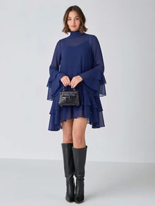 Enchnt Women's Solid Color Pleated Casual Summer Mini Dress - Navy Blue - View 3