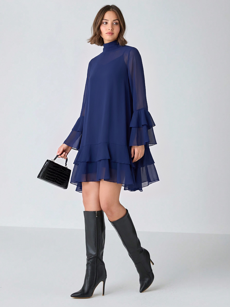 Enchnt Women's Solid Color Pleated Casual Summer Mini Dress - Navy Blue - View 1