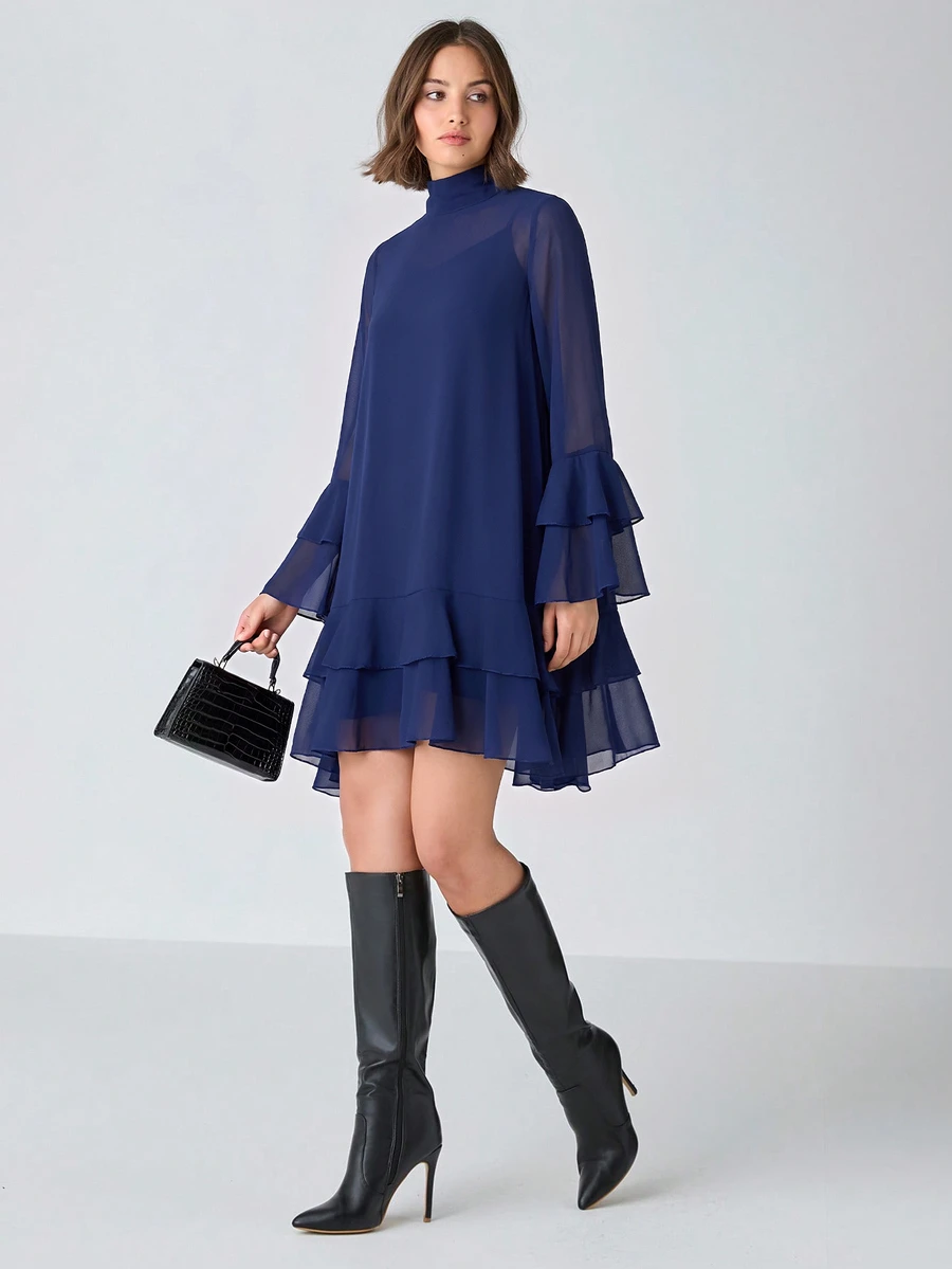 Enchnt Women's Solid Color Pleated Casual Summer Mini Dress - Navy Blue - View 1
