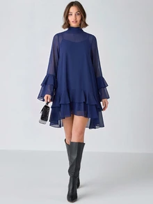 Enchnt Women's Solid Color Pleated Casual Summer Mini Dress - Navy Blue - View 5
