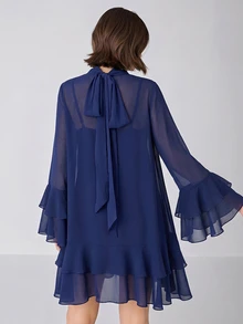 Enchnt Women's Solid Color Pleated Casual Summer Mini Dress - Navy Blue - View 2