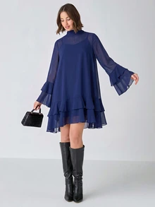 Enchnt Women's Solid Color Pleated Casual Summer Mini Dress - Navy Blue - View 4