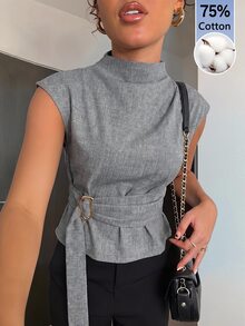 Aloruh 灰色短袖襯衫 優雅商務通勤 極簡老錢風 莊重辦公室女上衣 - 灰色 - 查看 1