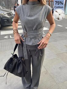 Aloruh 灰色短袖襯衫 優雅商務通勤 極簡老錢風 莊重辦公室女上衣 - 灰色 - 查看 3