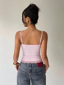 Aloruh 女款蕾絲拼接百褶休閒日常細肩帶背心上衣 - 淺粉色 - 查看 2
