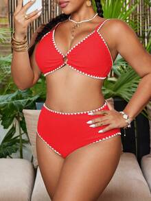 Swim Chiccia Plus Size Women 2pcs Solid Color Textured Fabric Spaghetti Strap Split Swimwear Set, Casual - Red - View 3