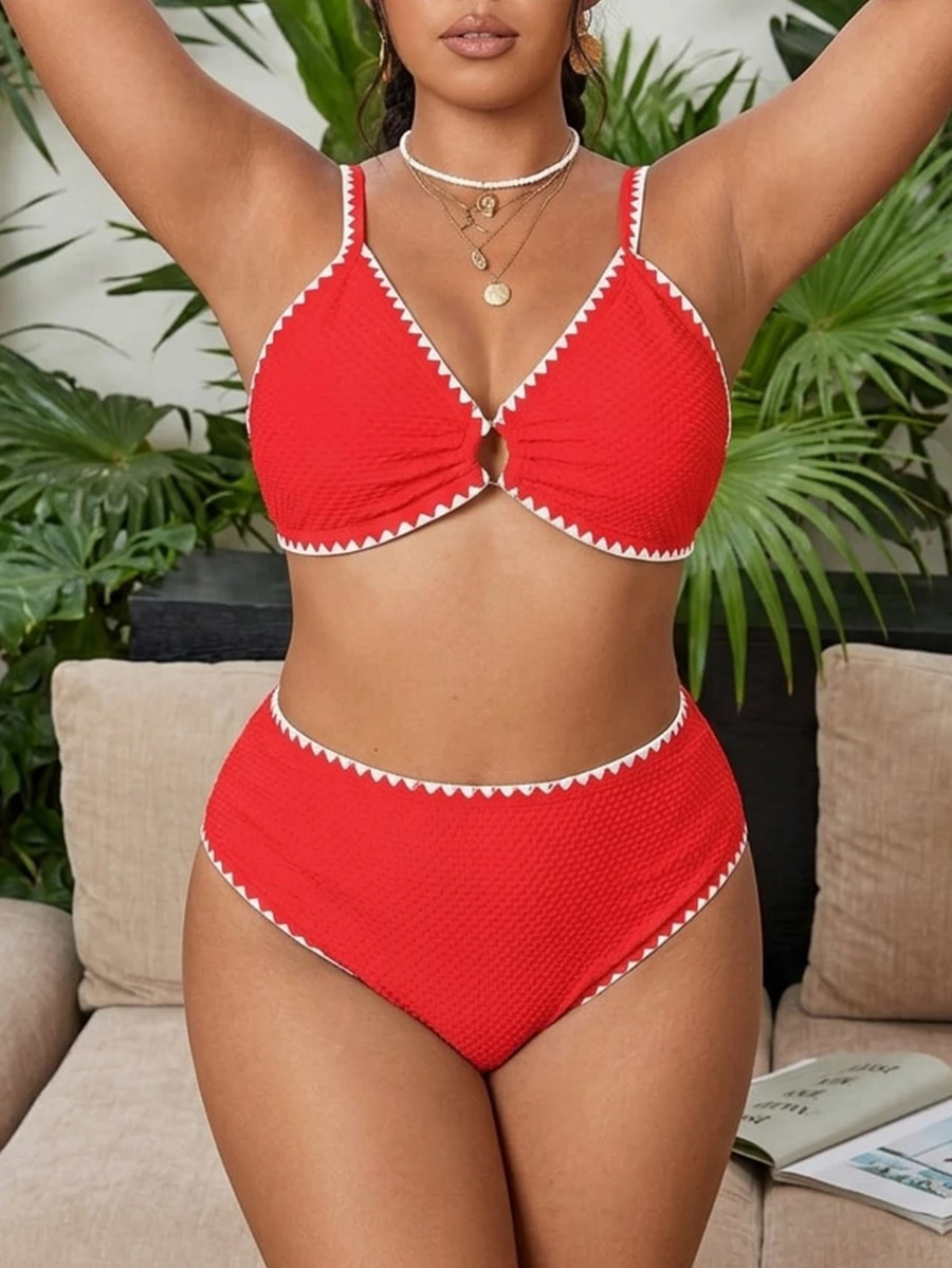 Swim Chiccia Plus Size Women 2pcs Solid Color Textured Fabric Spaghetti Strap Split Swimwear Set, Casual - Red - View 1