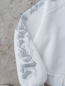 SHEIN Tween Girl Gothic Text Rhinestone Studded Cropped Zip-Up Sweatshirt, Autumn/Winter, Long Sleeve Top, Graduation Outfit, Back To School Outfit, Graduation Outfit, Back To School Outfit - White - View 3