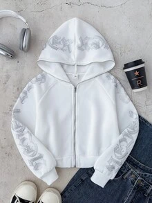 SHEIN Tween Girl Gothic Text Rhinestone Studded Cropped Zip-Up Sweatshirt, Autumn/Winter, Long Sleeve Top, Graduation Outfit, Back To School Outfit, Graduation Outfit, Back To School Outfit - White - View 1