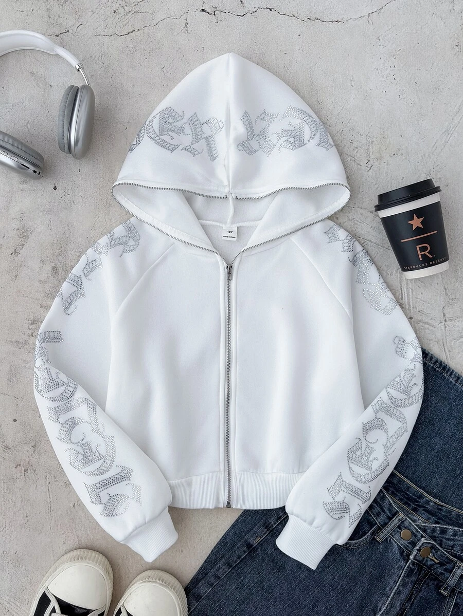 SHEIN Tween Girl Gothic Text Rhinestone Studded Cropped Zip-Up Sweatshirt, Autumn/Winter, Long Sleeve Top, Graduation Outfit, Back To School Outfit, Graduation Outfit, Back To School Outfit - White - View 1
