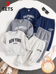 6pcs/Set Young Boys Letter Print Fleece Lined And Dark Casual Light Grey,Blue Winter Tracksuit+Sweatpants Set Unisex Clothes For Back-To-School,Date - Multicolor - View 1