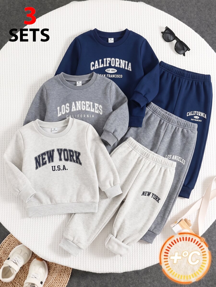 6pcs/Set Young Boys Letter Print Fleece Lined And Dark Casual Light Grey,Blue Winter Tracksuit+Sweatpants Set Unisex Clothes For Back-To-School,Date - Multicolor - View 1