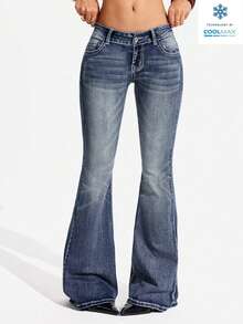 Jeanoix Plus Size Fashionable Casual Y2K Flare Jeans, Versatile - Medium Wash - View 3