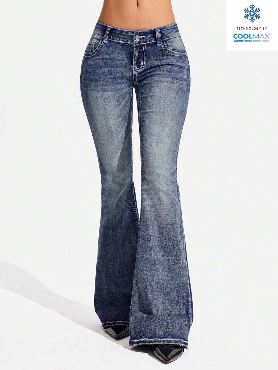 Jeanoix Plus Size Fashionable Casual Y2K Flare Jeans, Versatile - Medium Wash - View 1