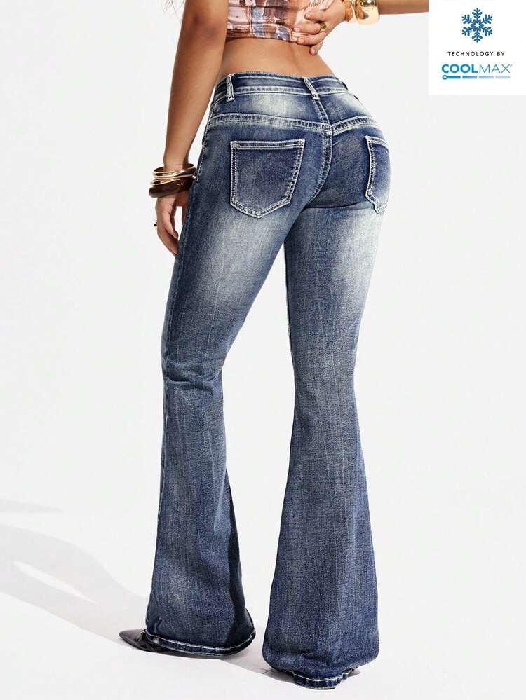Jeanoix Plus Size Fashionable Casual Y2K Flare Jeans, Versatile - Medium Wash - View 2