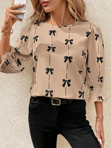 SHEIN Clasi Bow Print Round Neck Fitted Midline Women Blouse Summer Spring Teacher Vacation Country Summer - Khaki - View 7