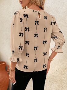 SHEIN Clasi Bow Print Round Neck Fitted Midline Women Blouse Summer Spring Teacher Vacation Country Summer - Khaki - View 2
