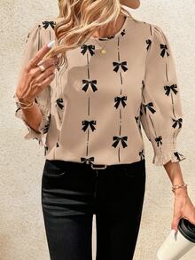 SHEIN Clasi Bow Print Round Neck Fitted Midline Women Blouse Summer Spring Teacher Vacation Country Summer - Khaki - View 6
