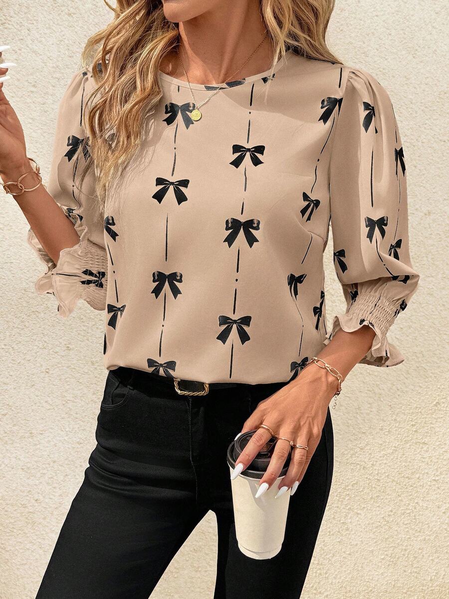 SHEIN Clasi Bow Print Round Neck Fitted Midline Women Blouse Summer Spring Teacher Vacation Country Summer - Khaki - View 1