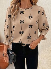 SHEIN Clasi Bow Print Round Neck Fitted Midline Women Blouse Summer Spring Teacher Vacation Country Summer - Khaki - View 5