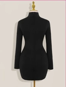 SHEIN ICON Fitted Cheongsam Collar Continuous Hollow-Out Long Sleeve Mini Dress - Black - View 2