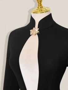 SHEIN ICON Fitted Cheongsam Collar Continuous Hollow-Out Long Sleeve Mini Dress - Black - View 4