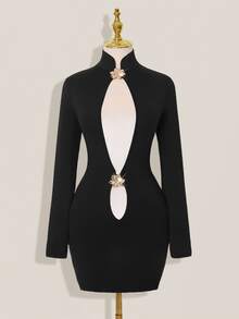 SHEIN ICON Fitted Cheongsam Collar Continuous Hollow-Out Long Sleeve Mini Dress - Black - View 8