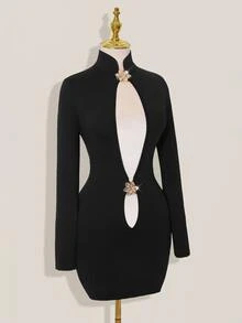 SHEIN ICON Fitted Cheongsam Collar Continuous Hollow-Out Long Sleeve Mini Dress - Black - View 5