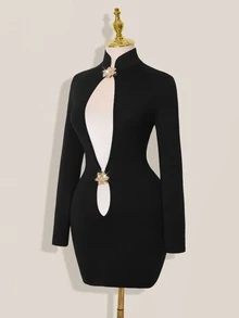 SHEIN ICON Fitted Cheongsam Collar Continuous Hollow-Out Long Sleeve Mini Dress - Black - View 3