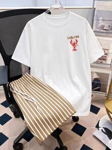 Daypath Men's Lobster Print Crew Neck T-Shirt And Drawstring Waist Striped Shorts Set - Multicolor - View 7