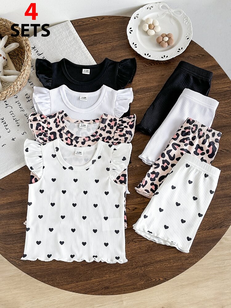 SHEIN Playful Pals 8pcs/ Baby Girl 0-3 Years Old Spring/Summer New Arrival Casual Everyday Outing Cute Solid Color Knitted Ribbed Short Sleeve Tee Shirt Top And Shorts - Multicolor - View 2