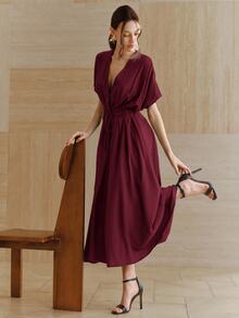 Anewsta Essential Women's New Autumn/Winter Linen Red Elegant Deep V-Neck Batwing Sleeve Cinched Waist Pleated Tie-Front Full Skirt Dress, Suitable For Daily Wear, Party, Gathering, Vacation - Red - View 7