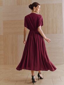 Anewsta Essential Women's New Autumn/Winter Linen Red Elegant Deep V-Neck Batwing Sleeve Cinched Waist Pleated Tie-Front Full Skirt Dress, Suitable For Daily Wear, Party, Gathering, Vacation - Red - View 6