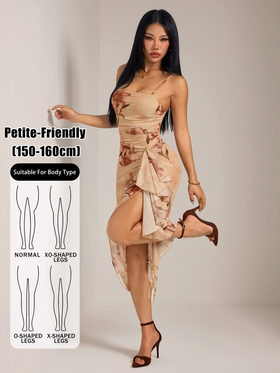 SHEIN PETITE Petite-Friendly Vintage-Style Red Floral Slip Dress With A Sexy Side Slit And Watercolor-Wash Effect - Brown - View 1