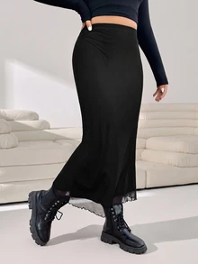 Solflare Plus Size Solid Color Minimalist Fitted Skirt, Casual Daily Wear Fall - Black - View 4